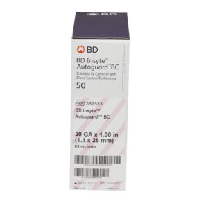 Peripheral IV Catheter Insyte Autoguard BC 22 Gauge 1 Inch BD Vialon Straight Hub Blood Control Push Button Safety Box of 50