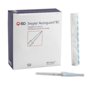 Peripheral IV Catheter Insyte Autoguard BC 22 Gauge 1 Inch BD Vialon Straight Hub Blood Control Push Button Safety Box of 50